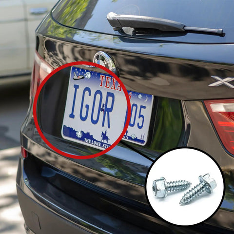 100 Pack License Plate Screws For Front And Rear Plates And Frames, Rust Resistant, Size 14, Three Quarter Inch Long, Slotted Hex Washer Self Tapping Screws, Zinc Clear Finish, Heavy Duty Auto Fasteners For Cars, Trucks, And SUVs with car license plate application
