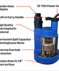 Diagram of 1/4 HP Submersible Sump Pump, 25 GPM High Flow Water Removal, Portable Thermoplastic Utility Pump features labeled.