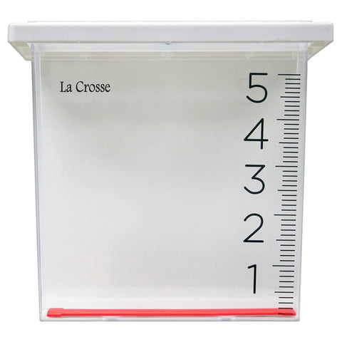 Front view of Easy Mount Waterfall Rain Gauge With Slide On Bracket Deck Or Fence Rail Compatible Backyard Rain Monitor Up To Six Inches Durable Plastic Frame Wide Waterfall Design Easy Install And Readout