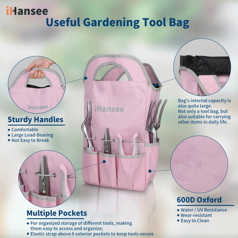 Pink 12 Piece Garden Tool Set With Aluminum Hand Tools Non Slip Handles Includes Kneeling Pad Apron Gloves And Organizer Bag