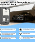 Upgrade 39165R garage door remote shown with vehicle in opened garage, features highlighted for convenience and safety. Includes keypad and light.