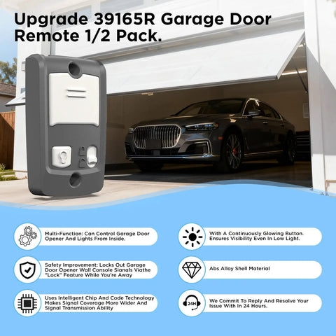 Upgrade 39165R garage door remote shown with vehicle in opened garage, features highlighted for convenience and safety. Includes keypad and light.