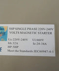 Electric Motor Starter Control With 5 HP Capacity Single Phase 220 240V Adjustable Overload Label on Steel Housing