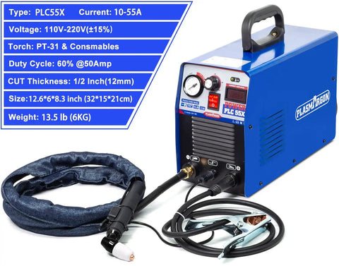 Dual Voltage Plasma Cutter 55 Amp PLC55 IGBT Inverter Portable 110V 220V Air Cut Tool For Metal Half Inch Clean Cut With Intelligent Digital Display Fast Cutting Lightweight No Fuss On The Go For DIY And Pro Workshops