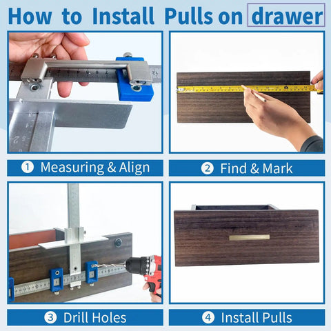 How to Install Pulls on drawer using Heavy Duty Cabinet Hardware Jig Kit Featuring Rock Solid Steel Build And Triple Size Center Punch Bits.