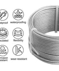 Coiled Heavy Duty Pro Grade DIY Friendly One Eighth Inch Wire Rope Kit, 100 Ft PVC Coated Galvanized Cable with feature icons