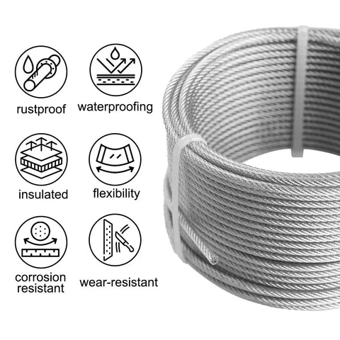 Coiled Heavy Duty Pro Grade DIY Friendly One Eighth Inch Wire Rope Kit, 100 Ft PVC Coated Galvanized Cable with feature icons