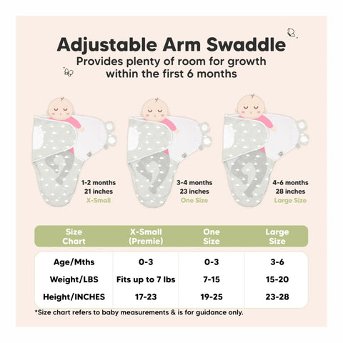 Image of Newborn Swaddles With Zippers Three Pack Sleep Sack Set For Cozy Hip Healthy Growth IHDI Certified with size chart