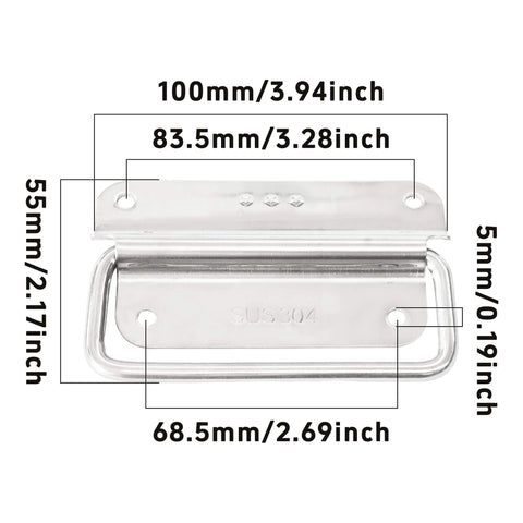 Beefy 4 Inch 304 Stainless Steel Ring Pull Handles 2 Pack showing dimensions and foldable ring for cabinets or boat hatches silver quality.