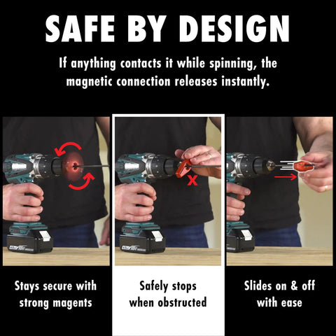 Magnetic Red Laser Drill Guide delivering straight as an arrow holes, demonstrating safety features with a drill.