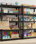 Two Pack Beefy 5 Tier Storage Shelves For Garage And Home, Industrial Grade Steel Shelving With Up To 2000 Lbs Per Shelf, 11.8 Inch Deep, 27.6 Inch Wide, 60 Inch High, Easy Assembly, Ideal For Workshop, Pantry, Basement, Closet. Black steel 5-tier storage shelves in a classroom with books, binders, and backpacks.