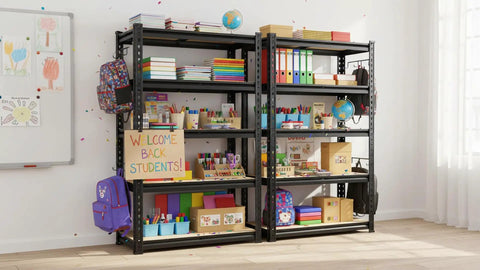 Two Pack Beefy 5 Tier Storage Shelves For Garage And Home, Industrial Grade Steel Shelving With Up To 2000 Lbs Per Shelf, 11.8 Inch Deep, 27.6 Inch Wide, 60 Inch High, Easy Assembly, Ideal For Workshop, Pantry, Basement, Closet. Black steel 5-tier storage shelves in a classroom with books, binders, and backpacks.