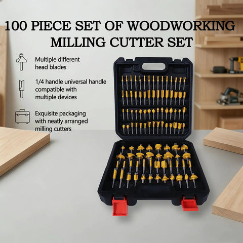 Open box of Quarter-Inch Shank Router Bits Set 100-Piece Tungsten Carbide Milling Cutter Kit For Woodworking on table.