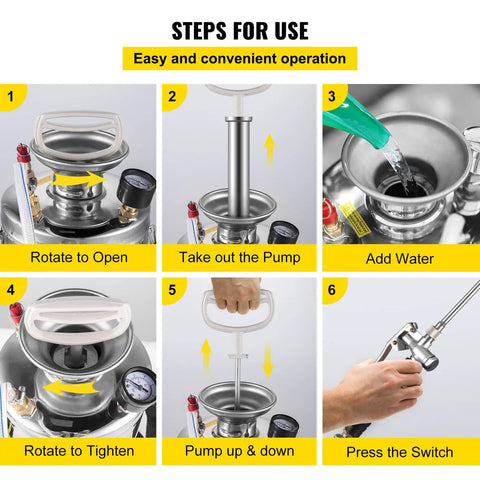 Steps to use 2-Gallon Stainless Steel Hand Pump Sprayer With 20-Inch Wand And 3-Foot Reinforced Hose, Pressure Gauge, Adjustable Nozzle
