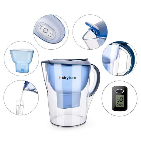 Alkaline Water Filter Pitcher With 3.5 Liter Capacity And 7 Stage Filtration System For Clean Water Includes Two Replacement Filters BPA Free And Easy To Use Improves PH Levels For Everyday Hydration Blue with parts detail