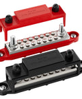 Badass 275amp Marine Bus Bar 12 Volt Power Distribution Block featuring two colors and multiple terminal studs for easy wiring connections.