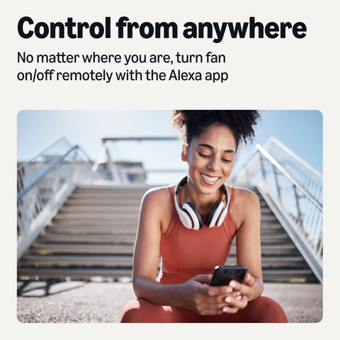 Big Time Game Changer Smart Ceiling Fan Control Switch Alexa Voice Control Four Speed Settings Plug And Play Wifi Enabled No Hub Required Led Indicators White Finish, woman controlling fan with smartphone outdoors.