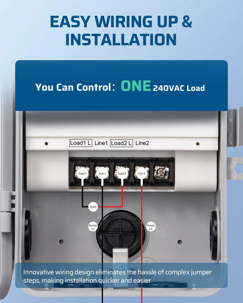 Close-up of Tough As Nails Outdoor Pool Pump Timer showing easy wiring connections for 240VAC load control and installation.