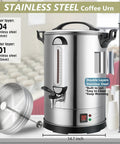 Heavy Duty 24L Stainless Steel Coffee Urn Dispenser Holds 160 Cups Dual Layer Warmer shown with open lid and cups