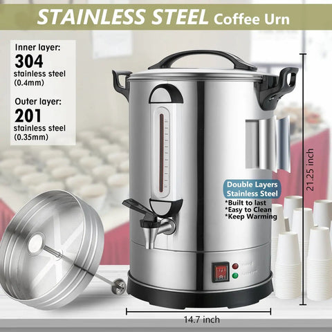 Heavy Duty 24L Stainless Steel Coffee Urn Dispenser Holds 160 Cups Dual Layer Warmer shown with open lid and cups