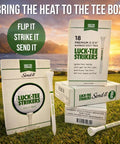 Packaging of Luck-Tee Strikers golf tees with scenic golf course background and product details highlighting bamboo material.
