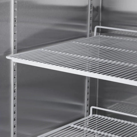 Industrial Grade 54 Inch Commercial Upright Refrigerator With Two Solid Doors And Plenty Of Space keeping cold drinks organized on wire shelves.
