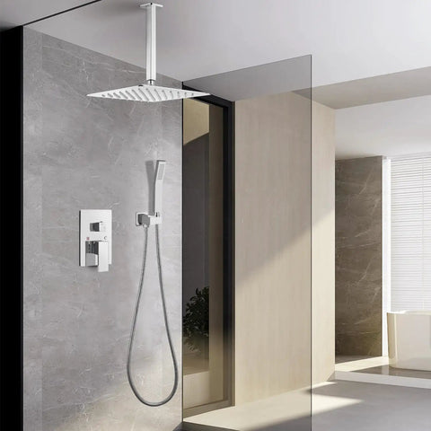 Chrome Ceiling Mount 16 Inch Rainfall Shower Head With Handheld Spray, High Pressure Mixer Shower System, Brass Construction