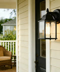 Black Exterior Wall Lanterns Set of 2 for Porch and Entryway mounted on house wall, weatherproof aluminum with clear glass, E26 base