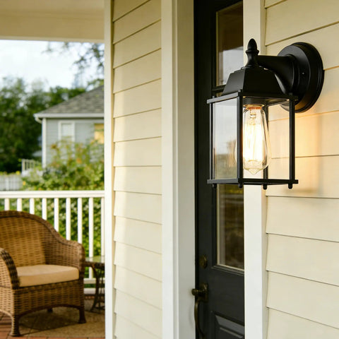 Black Exterior Wall Lanterns Set of 2 for Porch and Entryway mounted on house wall, weatherproof aluminum with clear glass, E26 base