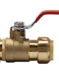 Side view of a brass 3/4 inch push-fit ball valve with red handle, part of Pack Of 2 3/4 Inch Push Fit Ball Valves With Disconnect Clip Full Port Plug And Play For Easy Tool Free Quick Install In Potable Water And Hydronic Systems Connects Pex CPVC And Copper Lead Free DZR Brass.