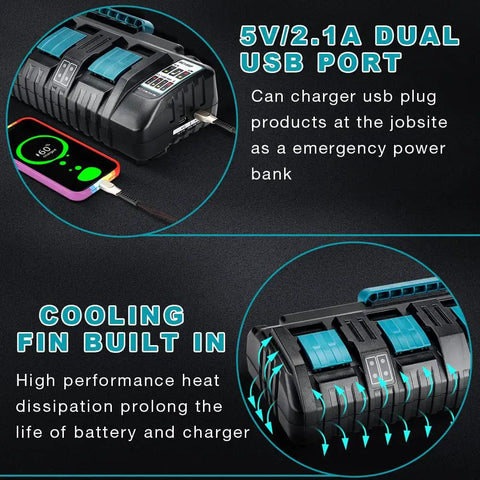 Four Port 18V Battery Charger With Quick Charge And Dual USB Ports For Fast Simultaneous Charging Of Lithium Ion Batteries