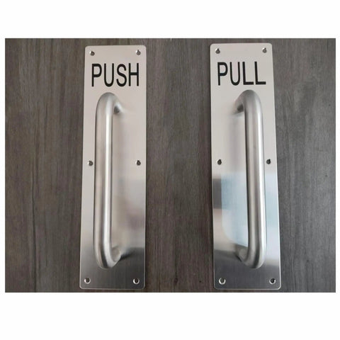 304 Stainless Steel Commercial Door Push Pull Plate Handle With Backing Plates 11.8 x 3.2 Inch Plate, 20 Cm Handle Length, 1.9 Cm Diameter, Built To Last, Easy To Install, Fits Metal Doors, Wood Doors And Composite Doors. front view