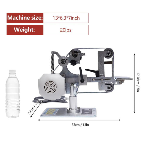 Straight Up Heavy Duty 1X30 Belt Sander Bench Grinder Featuring Brushless Motor And Stepless Speed Control Rock Solid DIY Woodworking Polishing and Workshop Sharpener with size details and water bottle for scale.