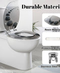 Toilet Seat Slow Close Elongated for Bathroom showing resin material, stainless steel hinge, and protective bumpers.