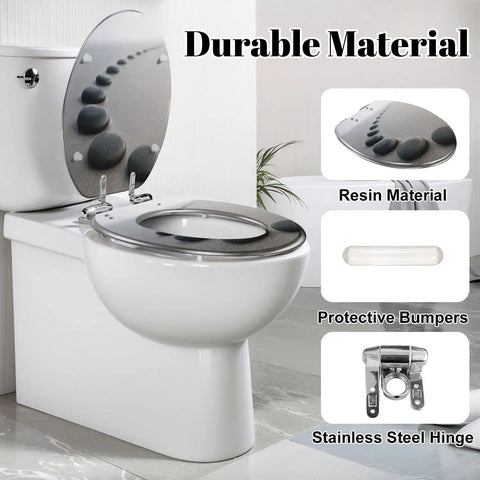 Toilet Seat Slow Close Elongated for Bathroom showing resin material, stainless steel hinge, and protective bumpers.