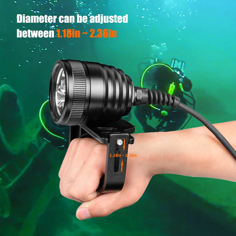 Killer 3000 Lumens Canister Dive Light Kit with adjustable Goodman handle shown worn on hand underwater