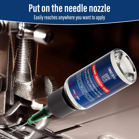 Premium Sewing Machine Oil With Built In Applicator And Dual Ended Brush For Smooth Lubrication, Long Lasting Protection, No Fuss Quick Application, Keeps Your Sewing Machine Running Quietly And Efficiently, Works With Most Machines. needle nozzle applying oil to sewing machine