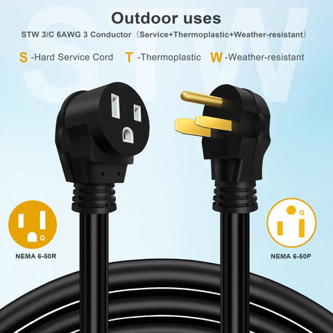 Heavy Duty Welding Extension Cord 6 AWG 50 Amp 25 Foot Cable Loaded With NEMA 6-50P To 6-50R Plugs showcasing durable connectors.