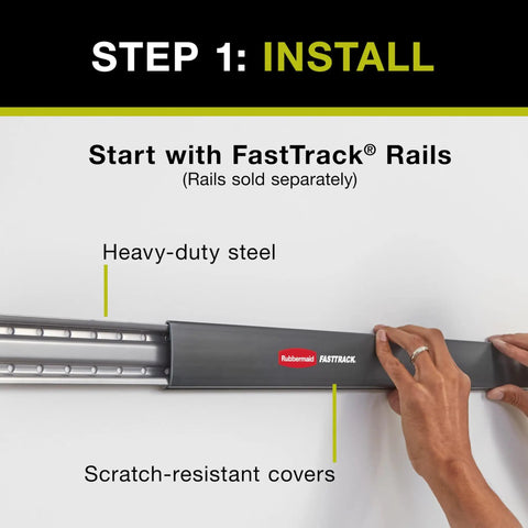Hands installing heavy-duty steel FastTrack rail with scratch-resistant covers, Step 1 instructions visible.