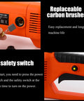 Top Shelf Portable Electric Pipe Threader With A Heavy Duty Copper Motor, showing replaceable carbon brushes and safety switch.