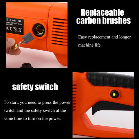Top Shelf Portable Electric Pipe Threader With A Heavy Duty Copper Motor, showing replaceable carbon brushes and safety switch.