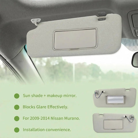 Gray Nissan Murano sun visor with bracket clips and mirror, OEM fit, for 2009-2014 models, installed in car interior.