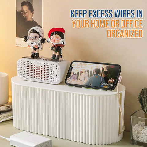 Huge Desk Cable Management Box For Home Office with gadgets on top, white cord organizer for tidy cables