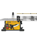 Compact Jobsite Table Saw showing smooth rack and pinion fence for precise cuts, features steel roll cage for heavy-duty use.