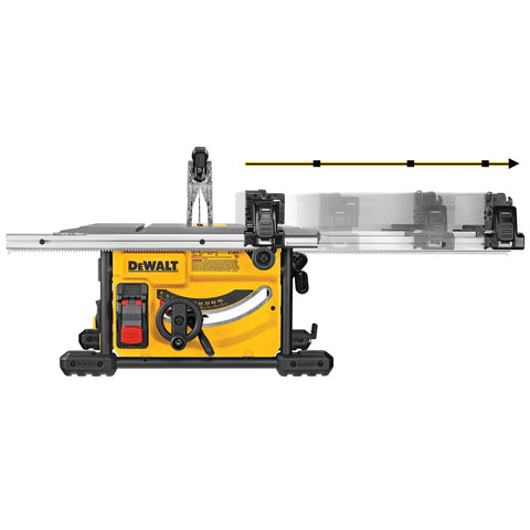 Compact Jobsite Table Saw showing smooth rack and pinion fence for precise cuts, features steel roll cage for heavy-duty use.