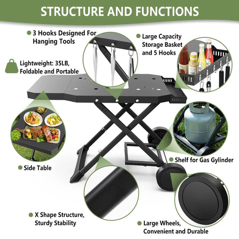 Portable Grill Cart For 17 And 22 Inch Griddles With Foldable Table And Propane Tank Holder Outdoor BBQ Stand features diagram.