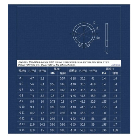 Diagram and measurements of 316 Stainless Steel Snap Ring Set M10 To M120 For Shafts Type C Circlips Retaining Rings