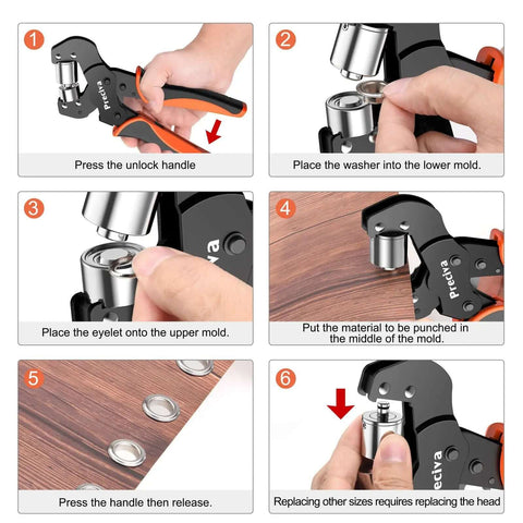 Step-by-step guide using Interchangeable Double Head Grommet Kit Pro Grade With Three Eighths Inch And One Quarter Inch Dies tool