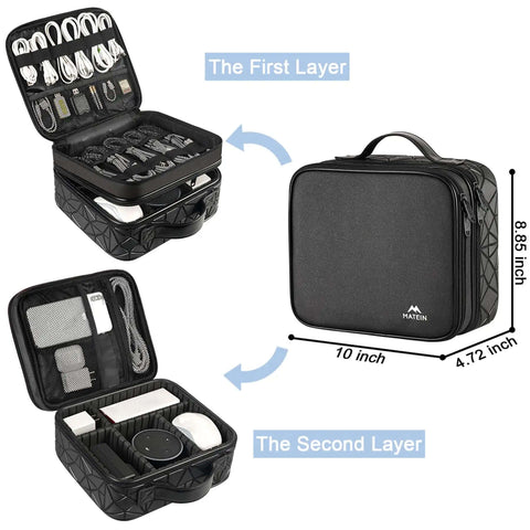 Grab And Go Cable Organizer Bag For Road Trips And Urban Travel Double Layer Electronics Storage Pouch with interior compartments and measurements.