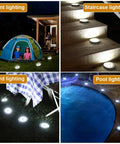 8 Pack Solar Ground Lights With 8 LED Upgraded Outdoor Garden Landscape Lighting for different areas, illustrating usage by a tent, stairs, yard, and pool.